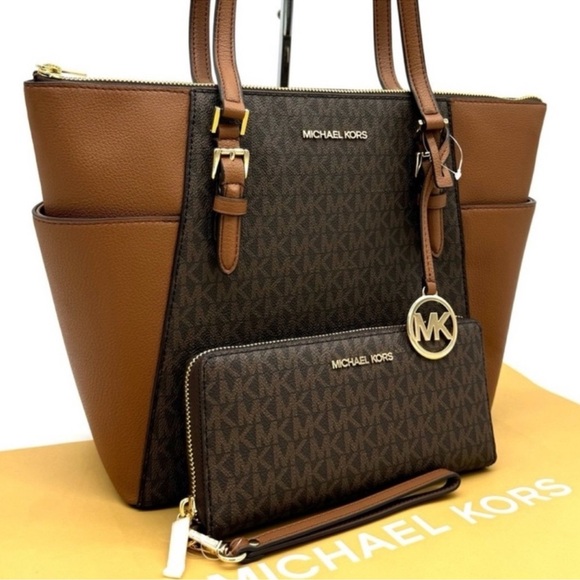 Michael Kors Large Charlotte Tote Bag & Continental Wallet Luggage Brown - Picture 1 of 13